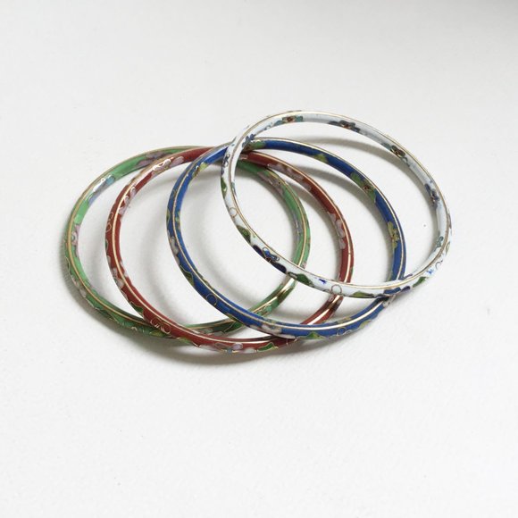Vintage Cloisonne Blue Green Red White Floral Bangle Stack Set of 4 - Picture 2 of 15